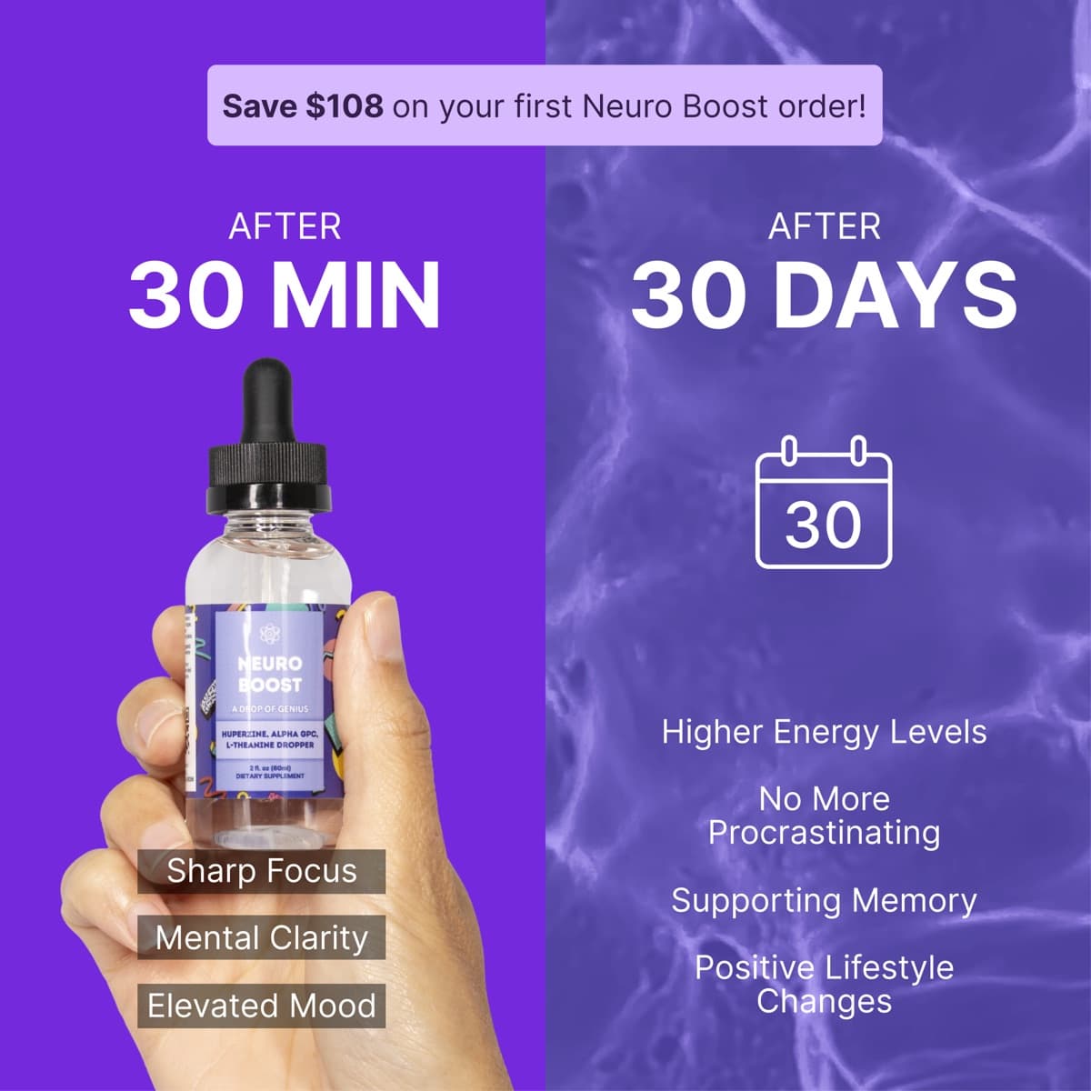 Neuro Boost - supplement brand (DTC) 30 min vs 30 days