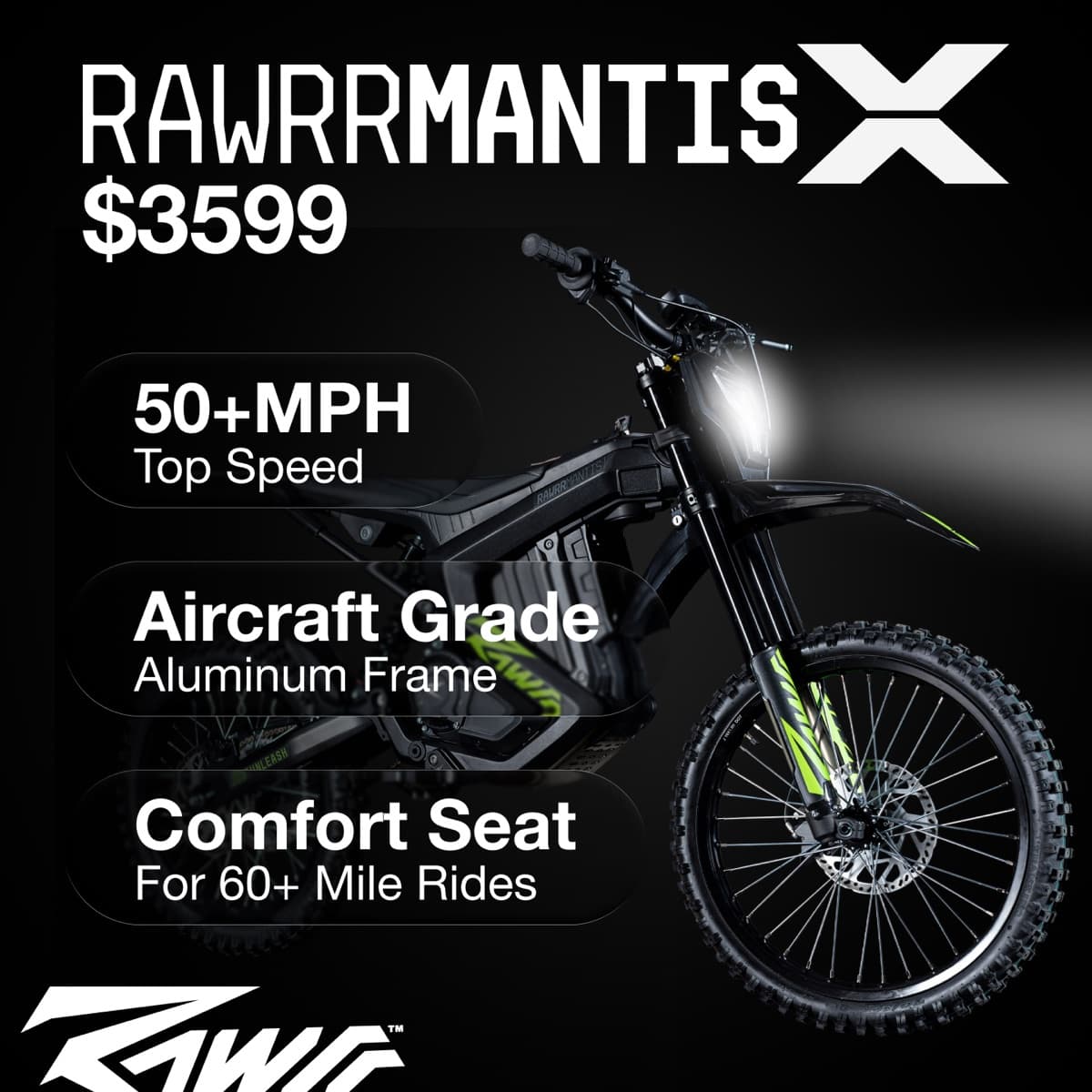 RAWR eMoto - electric dirt bikes comfort seat